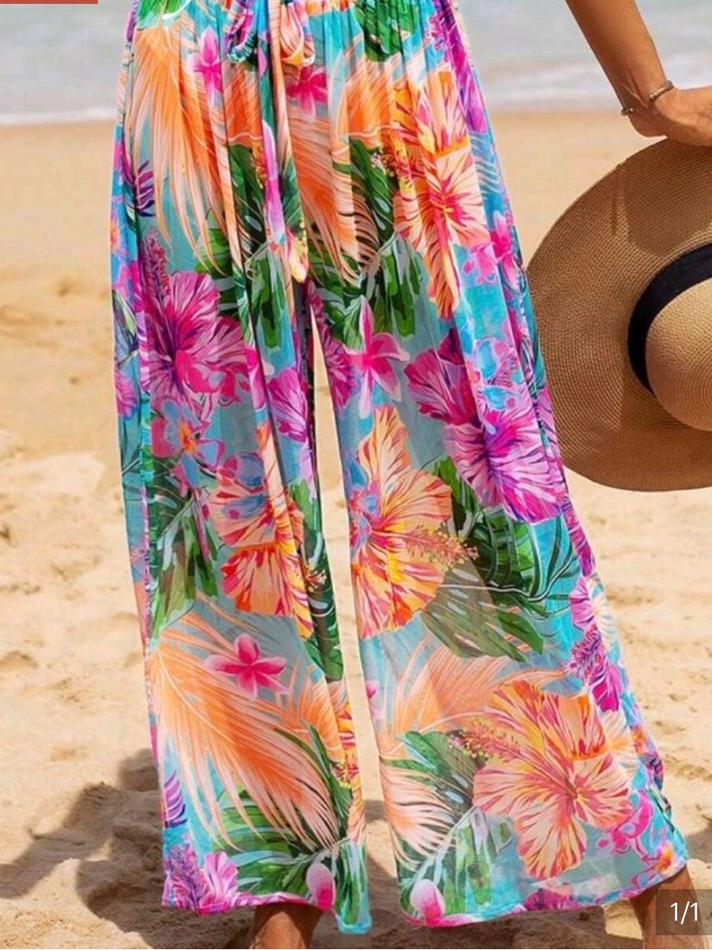 SHEIN Turquoise Floral Wide-Leg Swim Coverup Pants